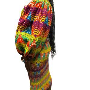 Yellow multicolored African print body con dress unique puff sleeves